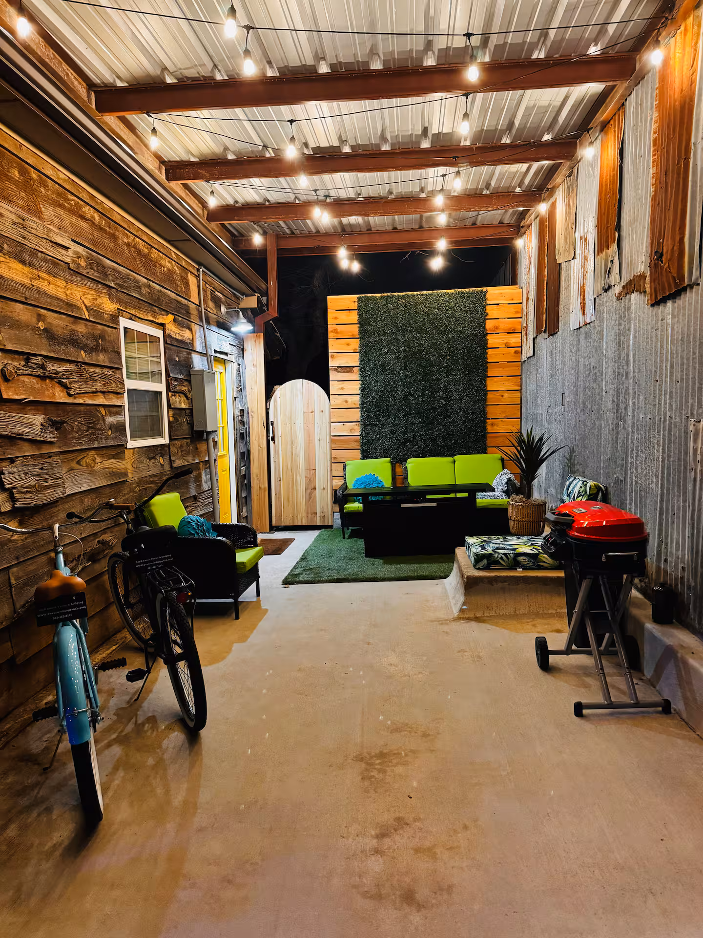 Covered private patio at night